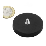Rubber coated pot magnet with threaded stem 43x12 mm