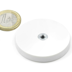 Rubber coated pot magnet with internal thread 43x6 mm white