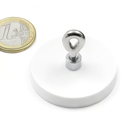 White rubber coated pot magnet 43 mm + eyelet