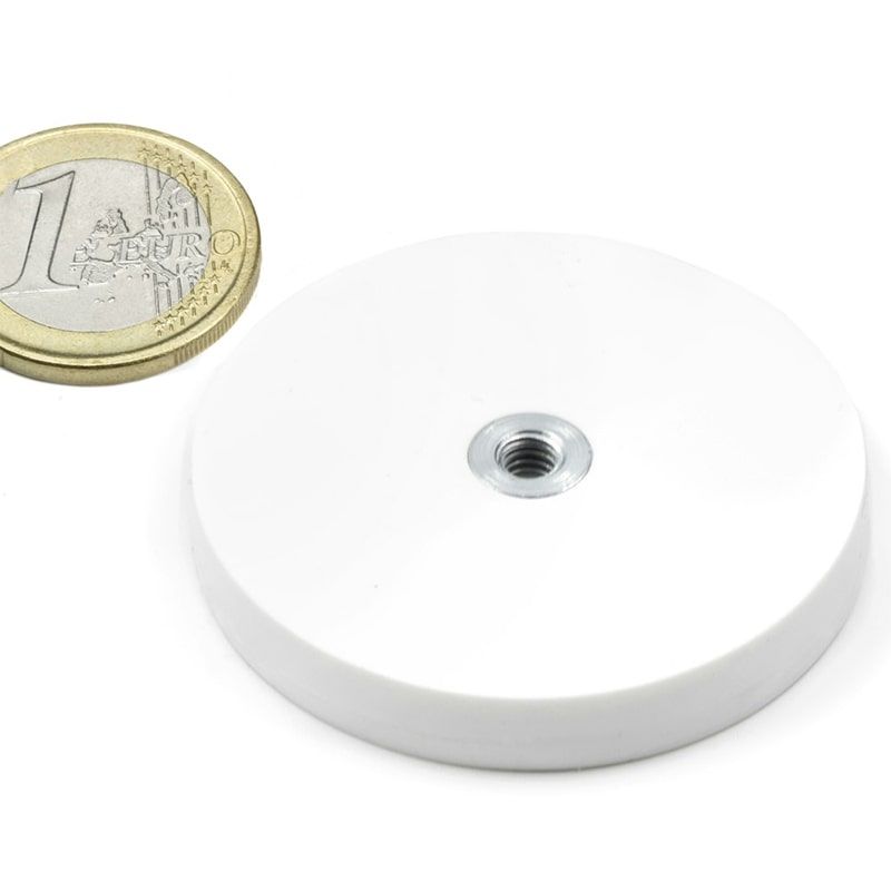 Rubber coated pot magnet with internal thread 43x6 mm white