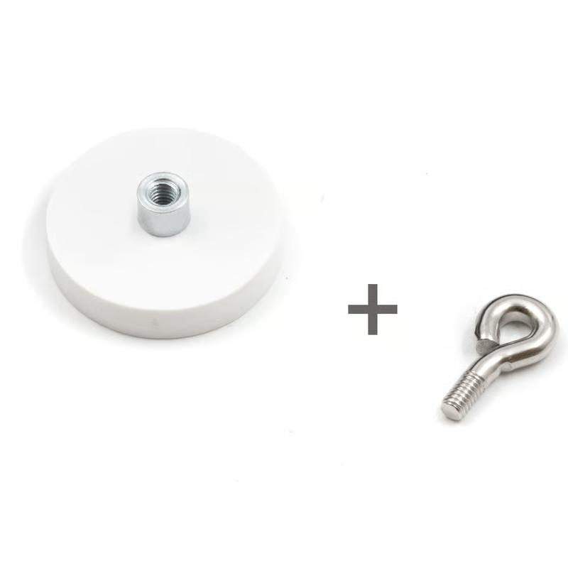 White rubber coated pot magnet 31 mm + eyelet