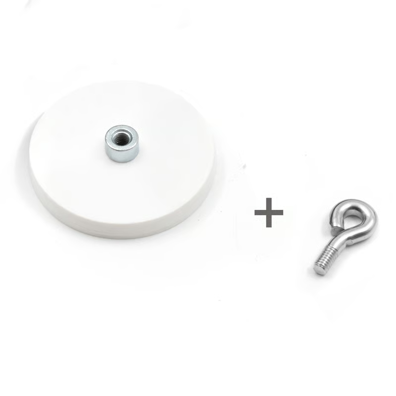 White rubber coated pot magnet 43 mm + eyelet