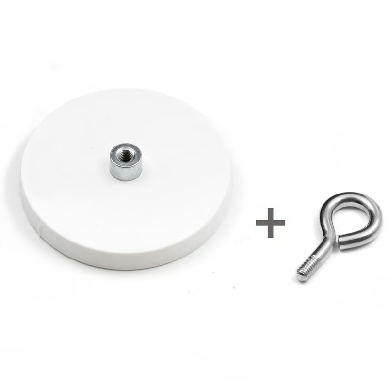 White rubber coated pot magnet 66 mm + eyelet