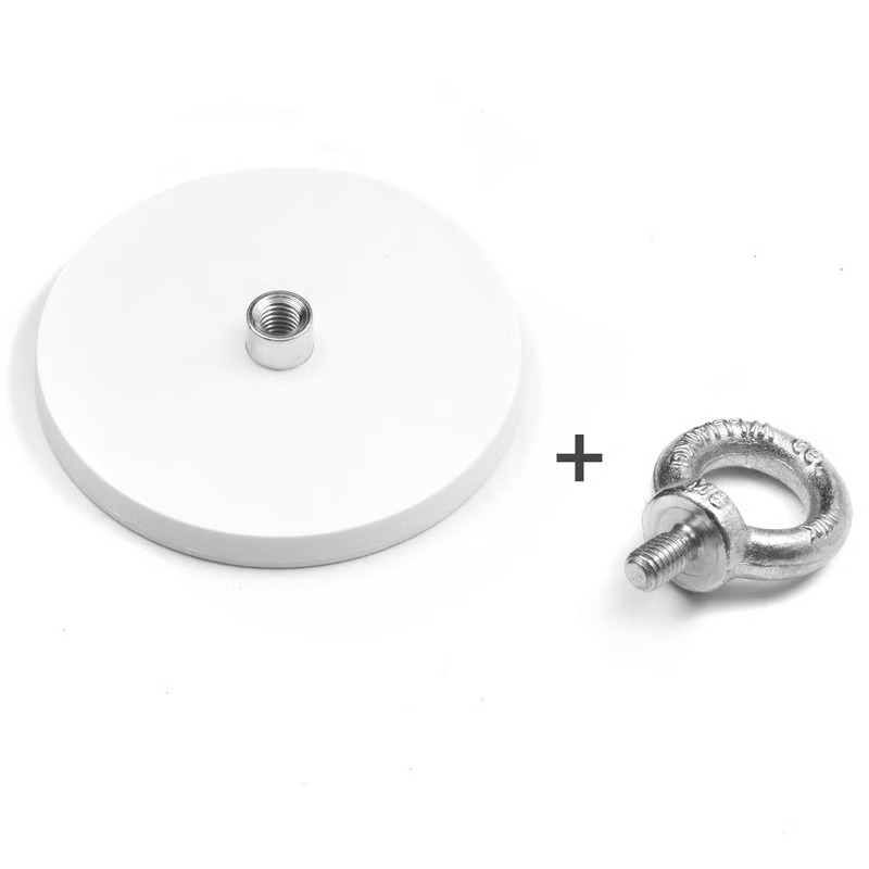 White rubber coated pot magnet 88 mm + eyelet