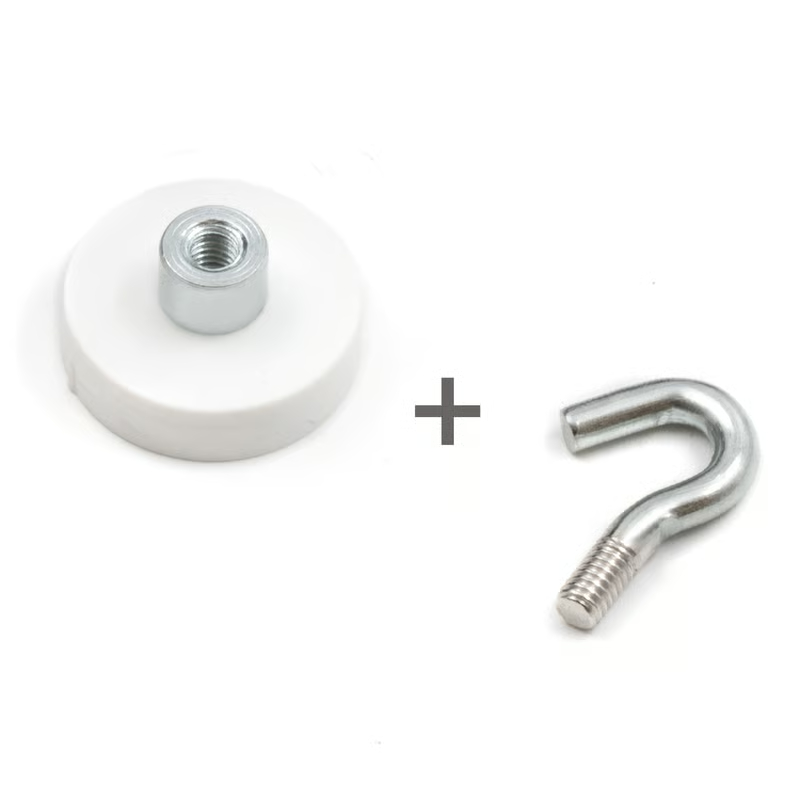 White rubber coated pot magnet 22 mm + hook
