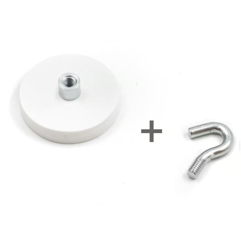 White rubber coated pot magnet 31 mm + hook