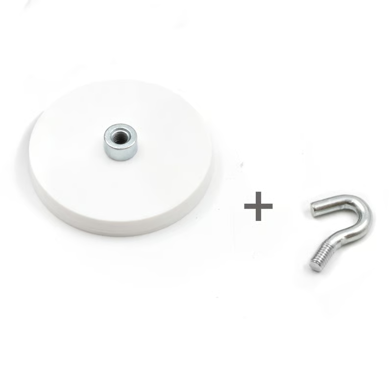 White rubber coated pot magnet 43 mm + hook
