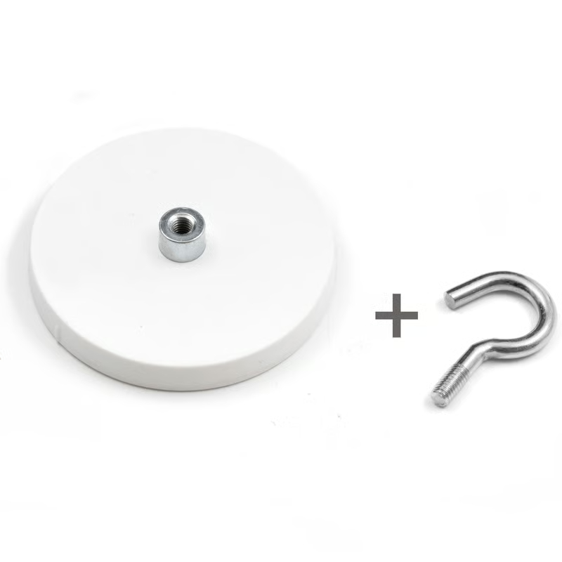 White rubber coated pot magnet 66 mm + hook